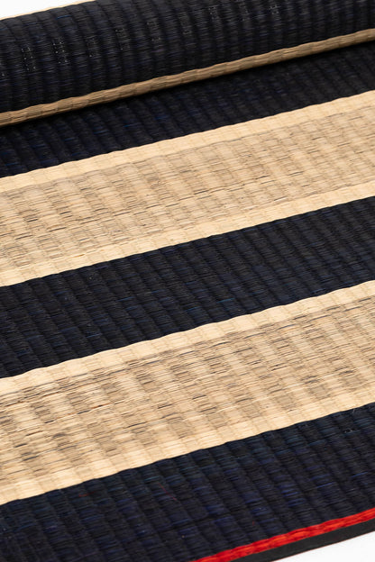 Close-up of black and beige striped fabric with a red line.