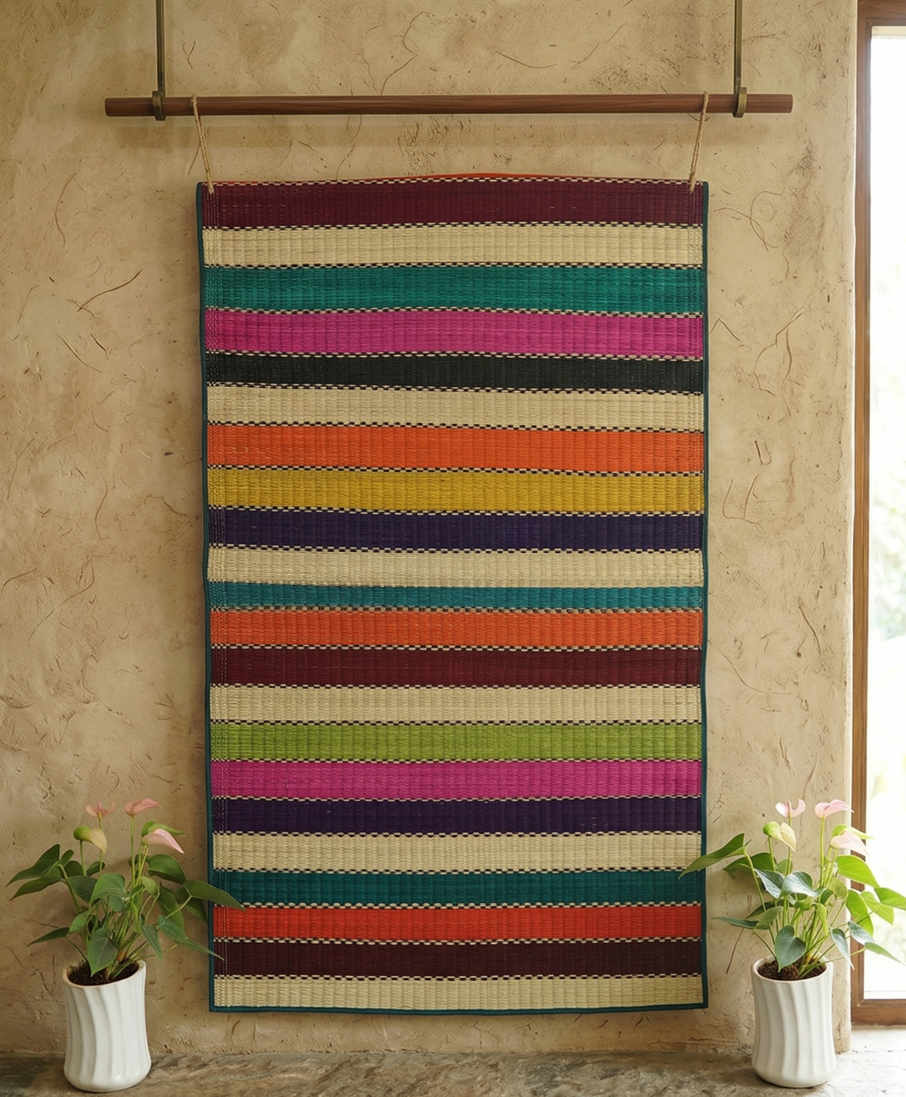 Colorful striped Jamakkalam Pattamadai Pai hanging on a wall with plants on either side.