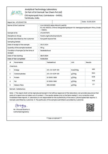 Test report - Karupatti Mysore Pak