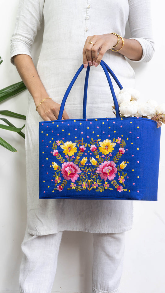 Blue Hamper Bag With Flowers - Large