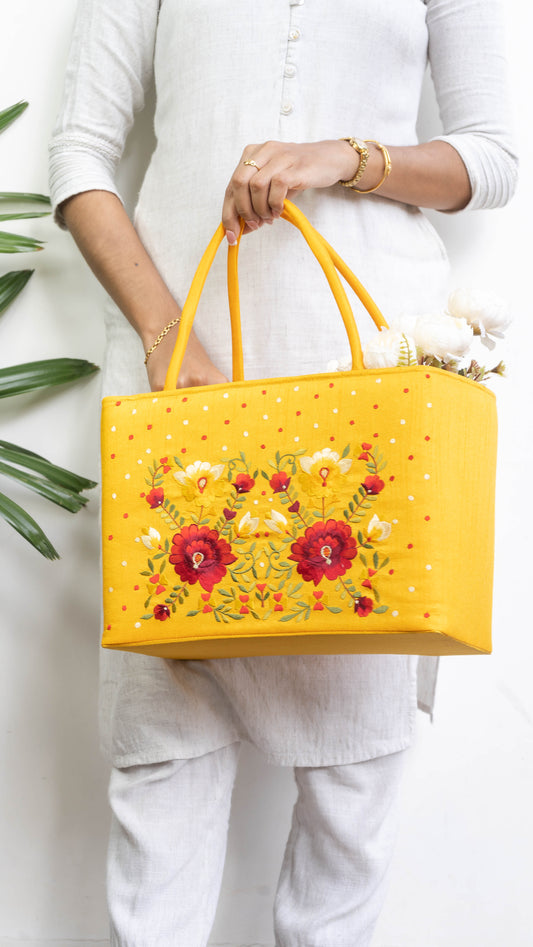 Yellow Hamper Bag With Red Flowers - Large
