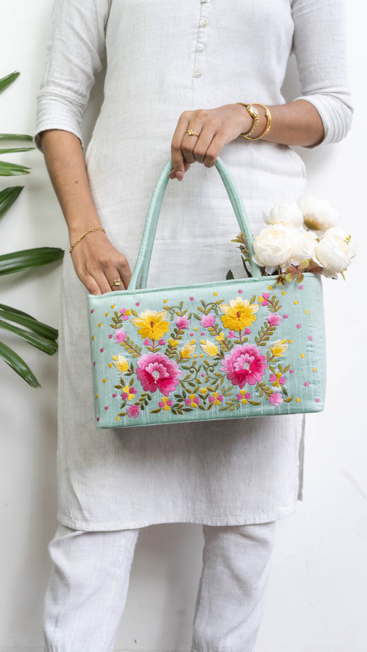 Turquoise Hamper Bag With Pink Flowers - Medium