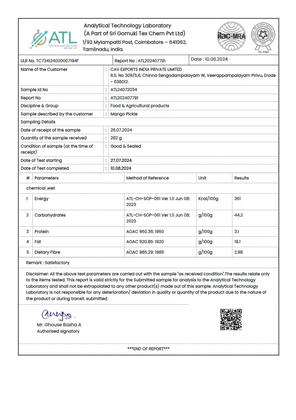 Test report - Mango Pickle