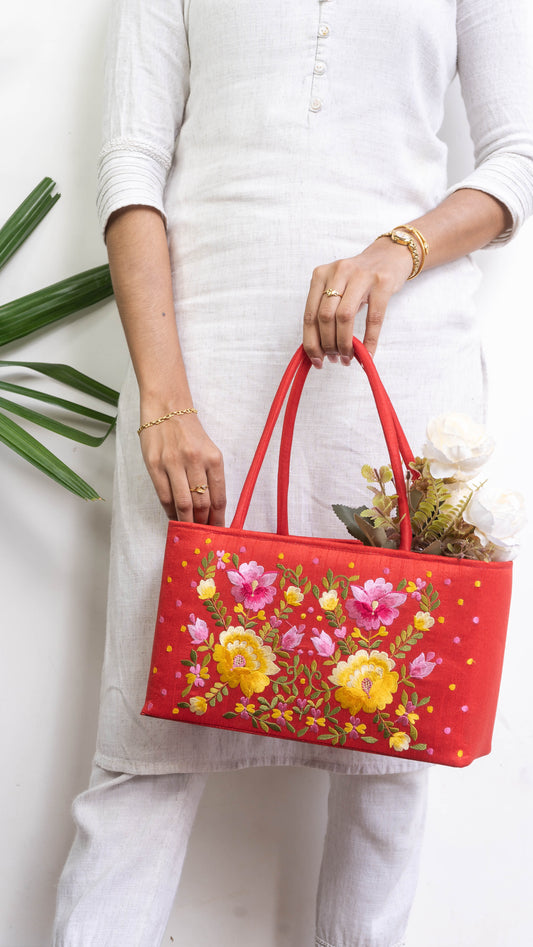 Red Hamper Bag With Flowers - Large