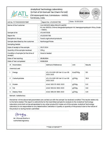 Test report - Narthangai Pickle