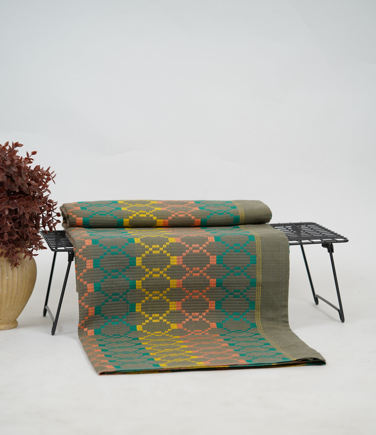 Premium Handloom Grey Boho Blocks Chennimalai Bedsheet - Peach and Yellow