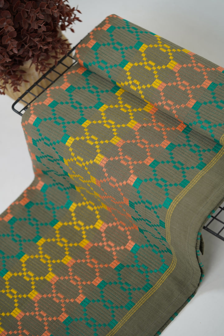 Premium Handloom Grey Boho Blocks Chennimalai Bedsheet - Peach and Yellow