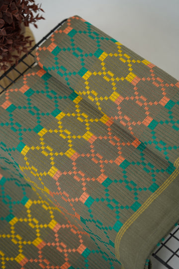 Premium Handloom Grey Boho Blocks Chennimalai Bedsheet - Peach and Yellow