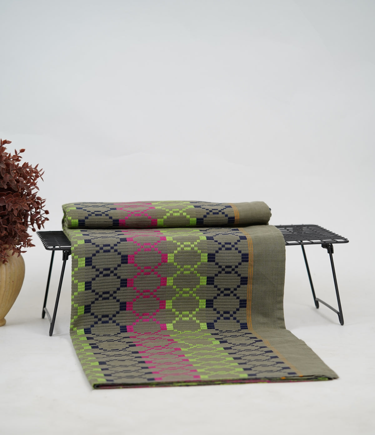 Premium Handloom Grey Boho Blocks Chennimalai Bedsheet - Pink Green