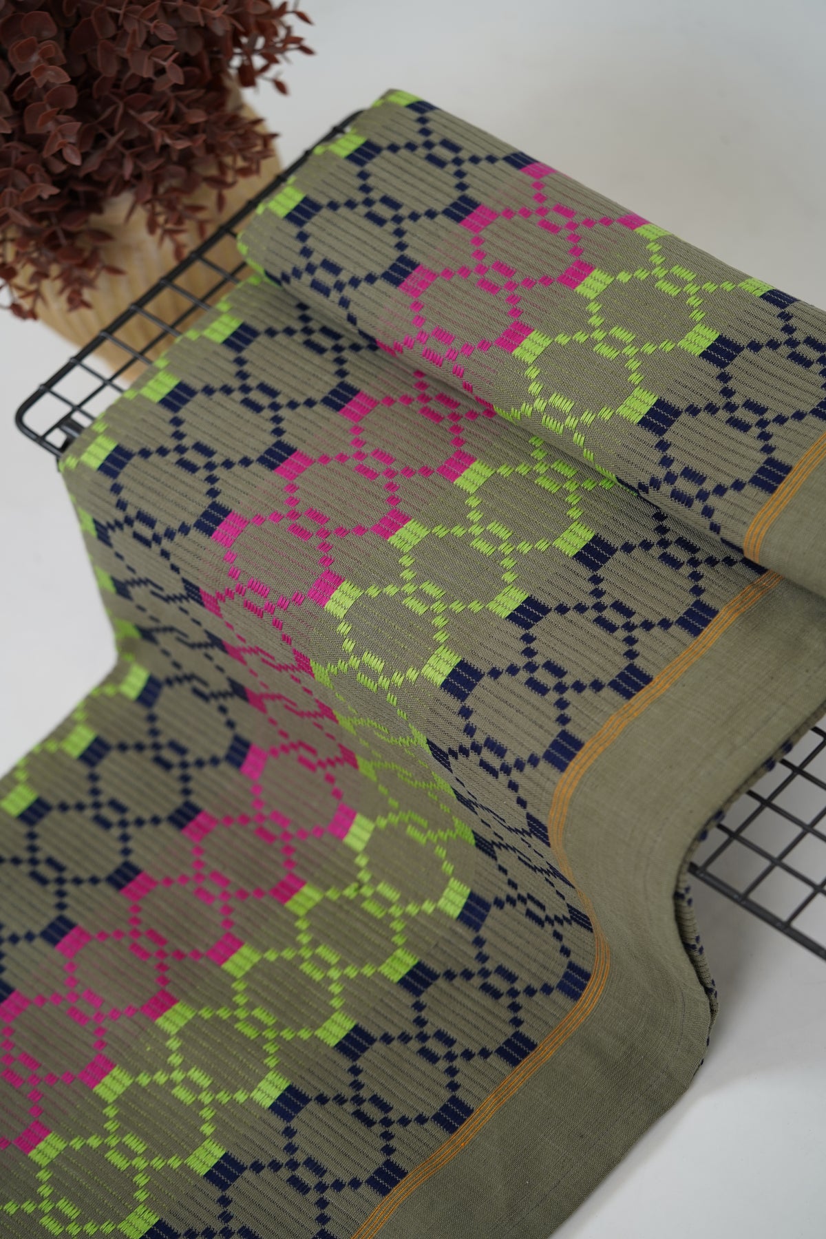 Premium Handloom Grey Boho Blocks Chennimalai Bedsheet - Pink Green