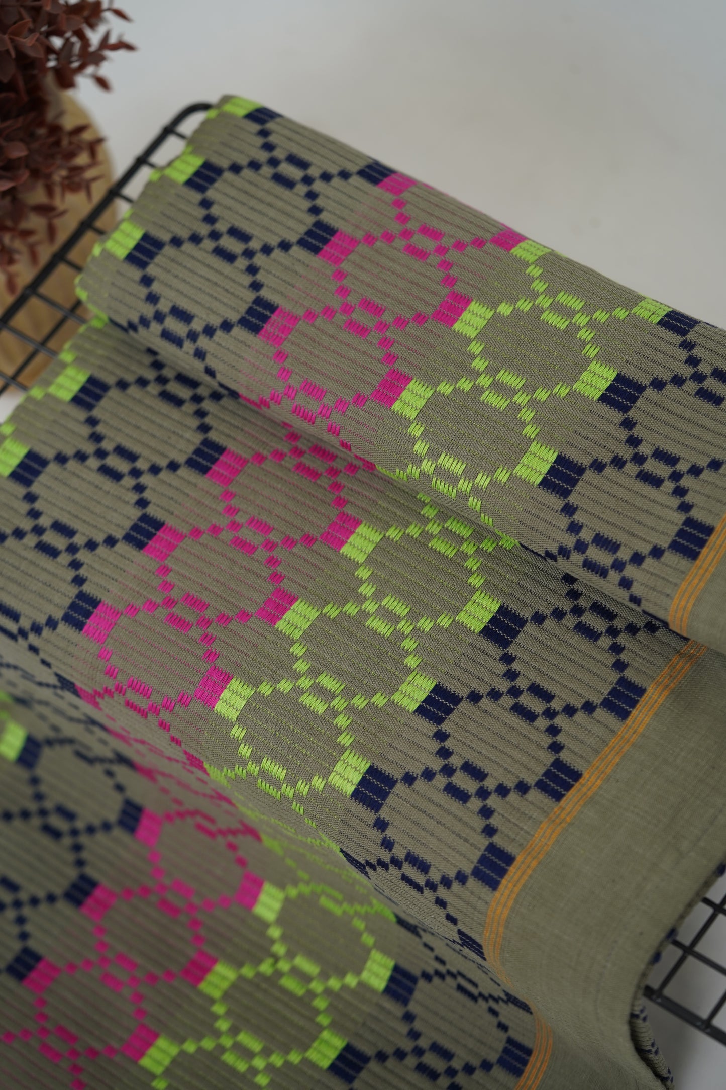 Premium Handloom Grey Boho Blocks Chennimalai Bedsheet - Pink Green