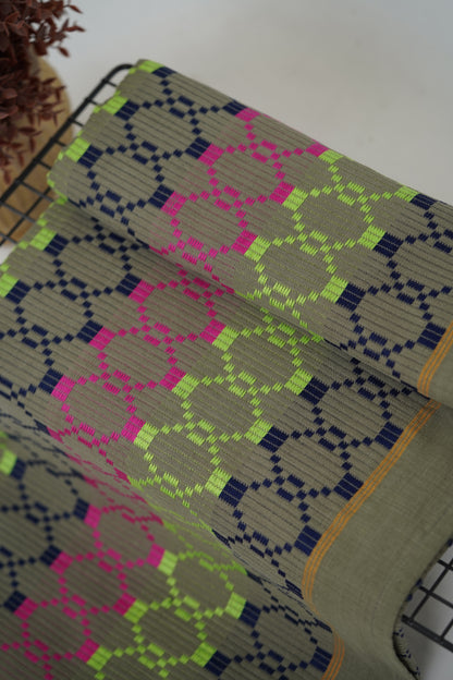 Premium Handloom Grey Boho Blocks Chennimalai Bedsheet - Pink Green