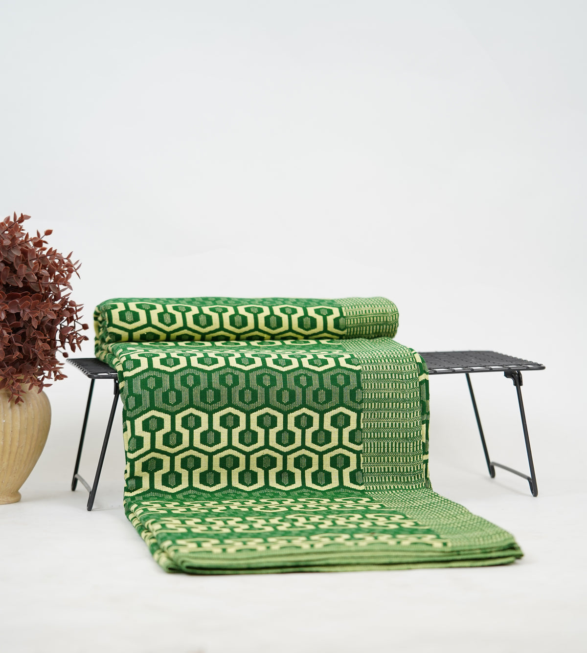 Premium Handloom King Size Chennimalai Bedsheet - Green Geometric