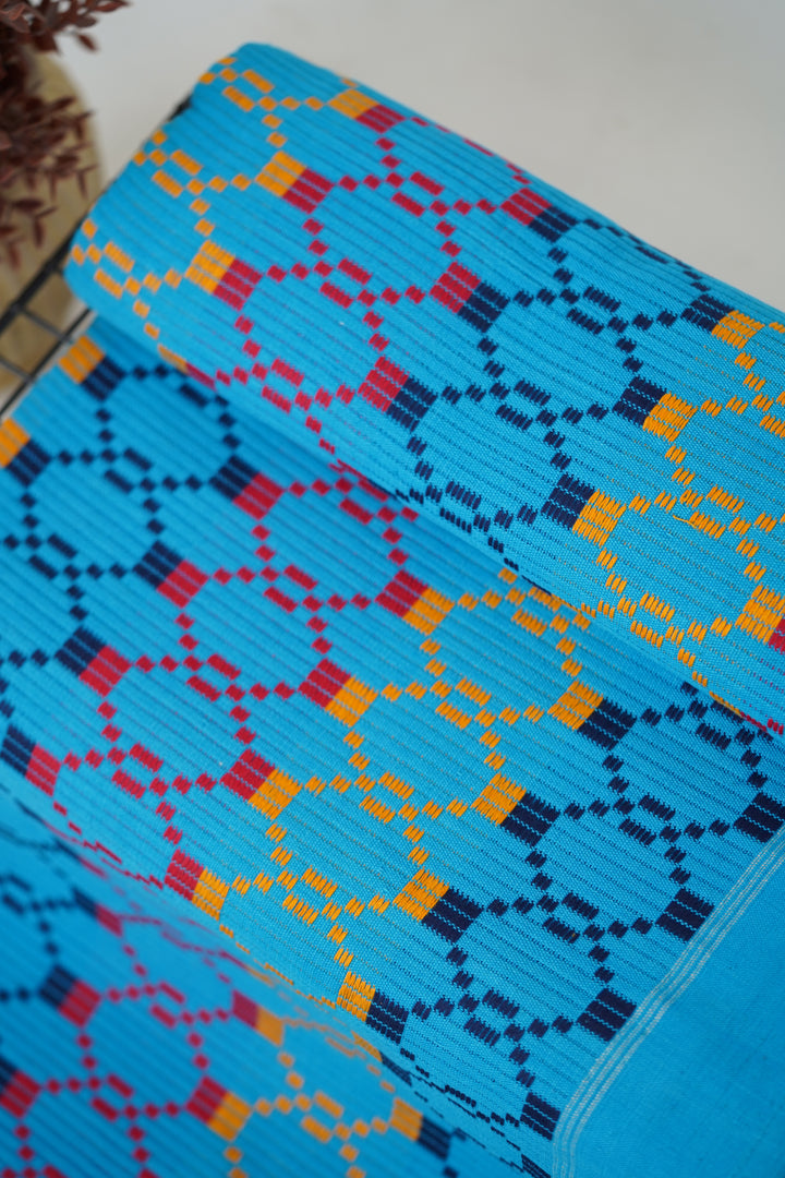Premium Handloom Vintage Pattern Chennimalai Bedsheet - Light Blue with Yellow