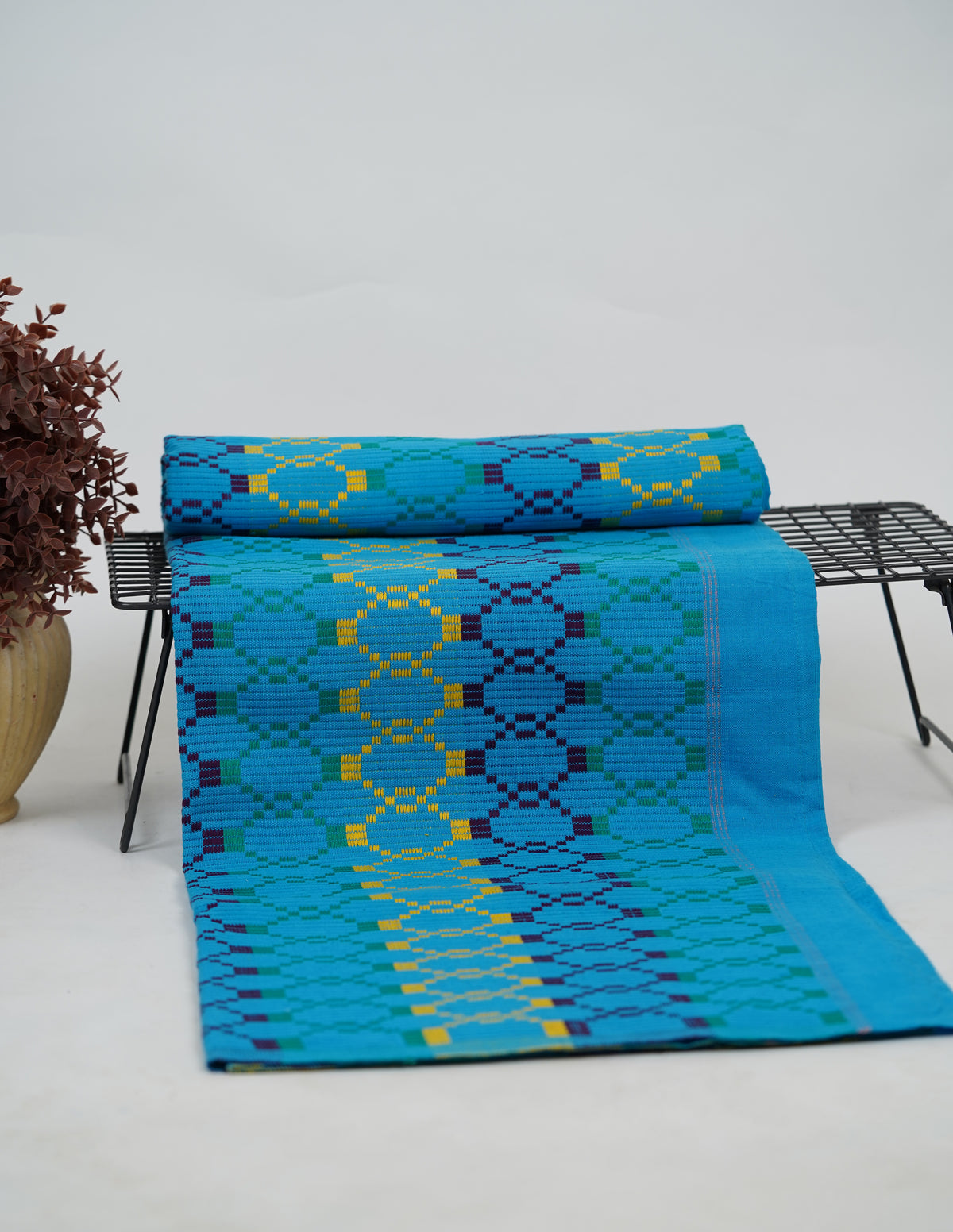Premium Handloom Vintage Pattern Chennimalai Bedsheet - Light Blue with Yellow Green