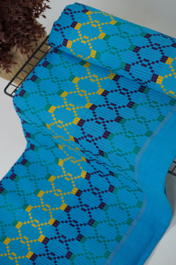 Premium Handloom Vintage Pattern Chennimalai Bedsheet - Light Blue with Yellow