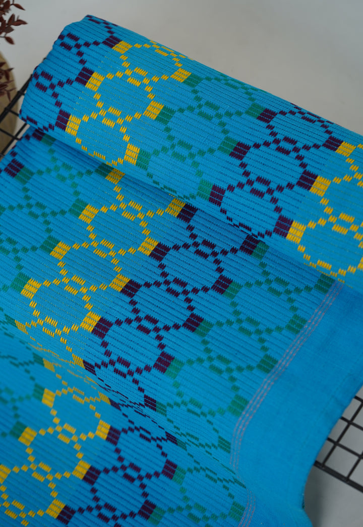 Premium Handloom Vintage Pattern Chennimalai Bedsheet - Light Blue with Yellow Green