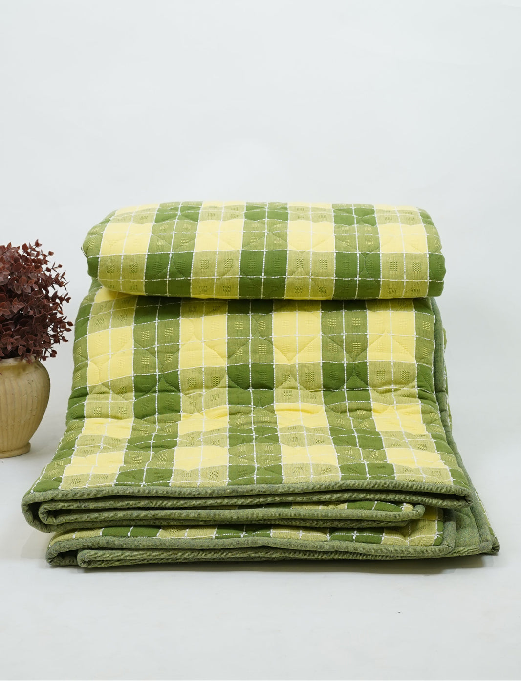 Premium Handloom Double Cot Chennimalai Quilt - Lemon Lime