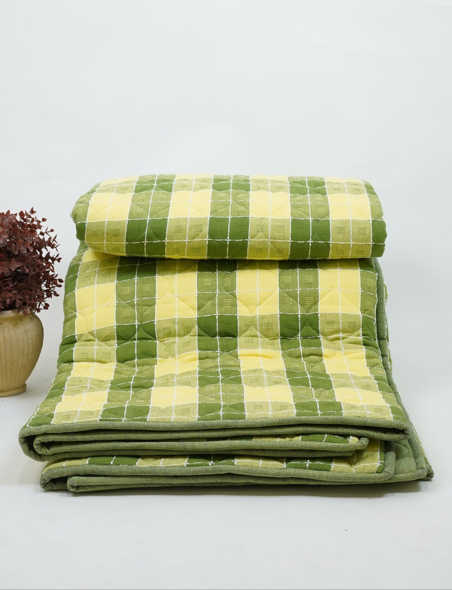 Premium Handloom Double Cot Chennimalai Quilt - Lemon Lime