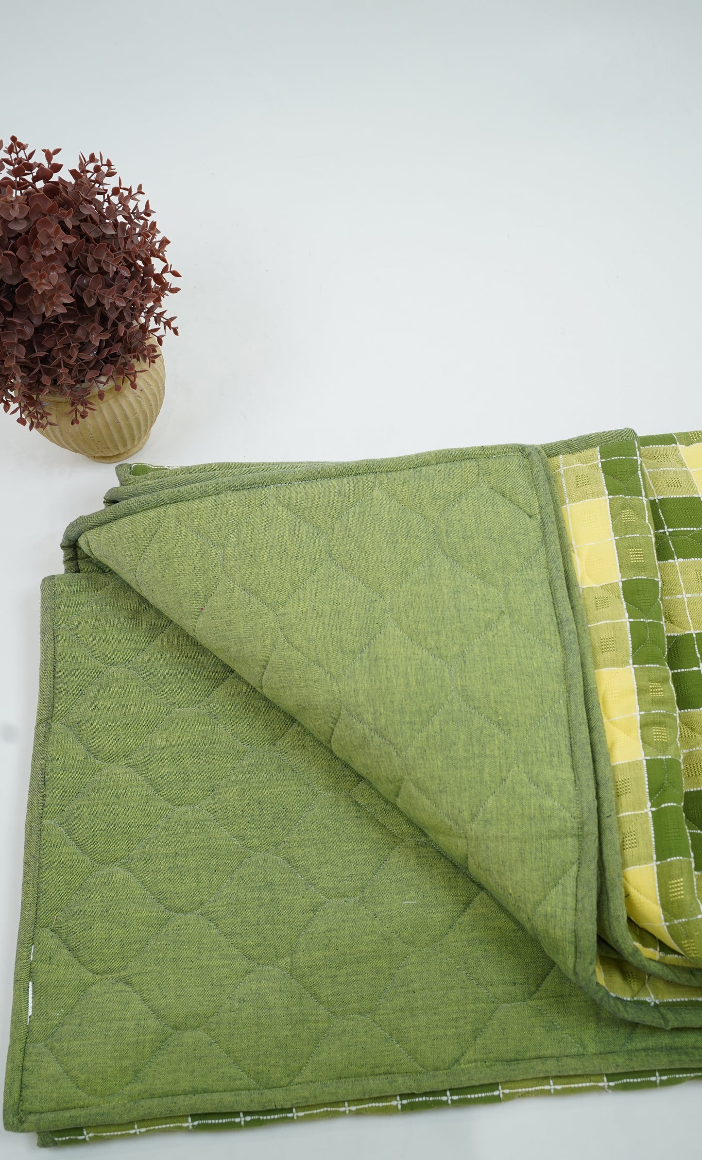 Premium Handloom Double Cot Chennimalai Quilt - Lemon Lime