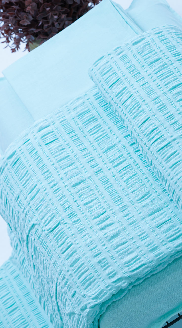 Premium handloom stripe emboss Chennimalai Super King Size Bedspread - Sea Breeze
