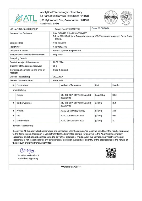 Test report - Ragi Flour