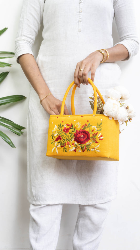 Yellow Hamper Bag With Red Flowers - Small