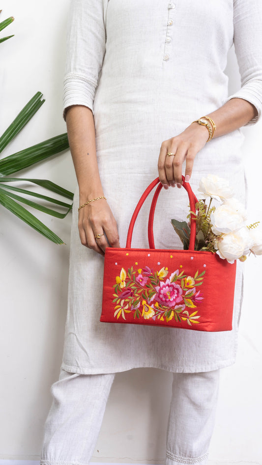 Red Hamper Bag With Flowers - Small