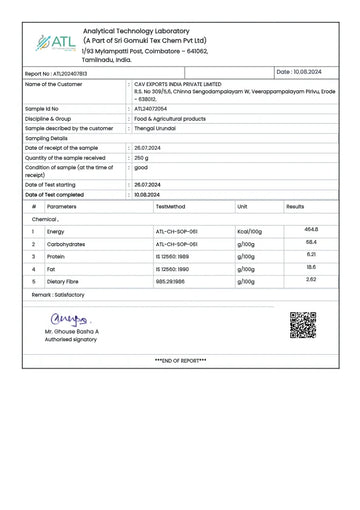 Test report - Thengai Urundai