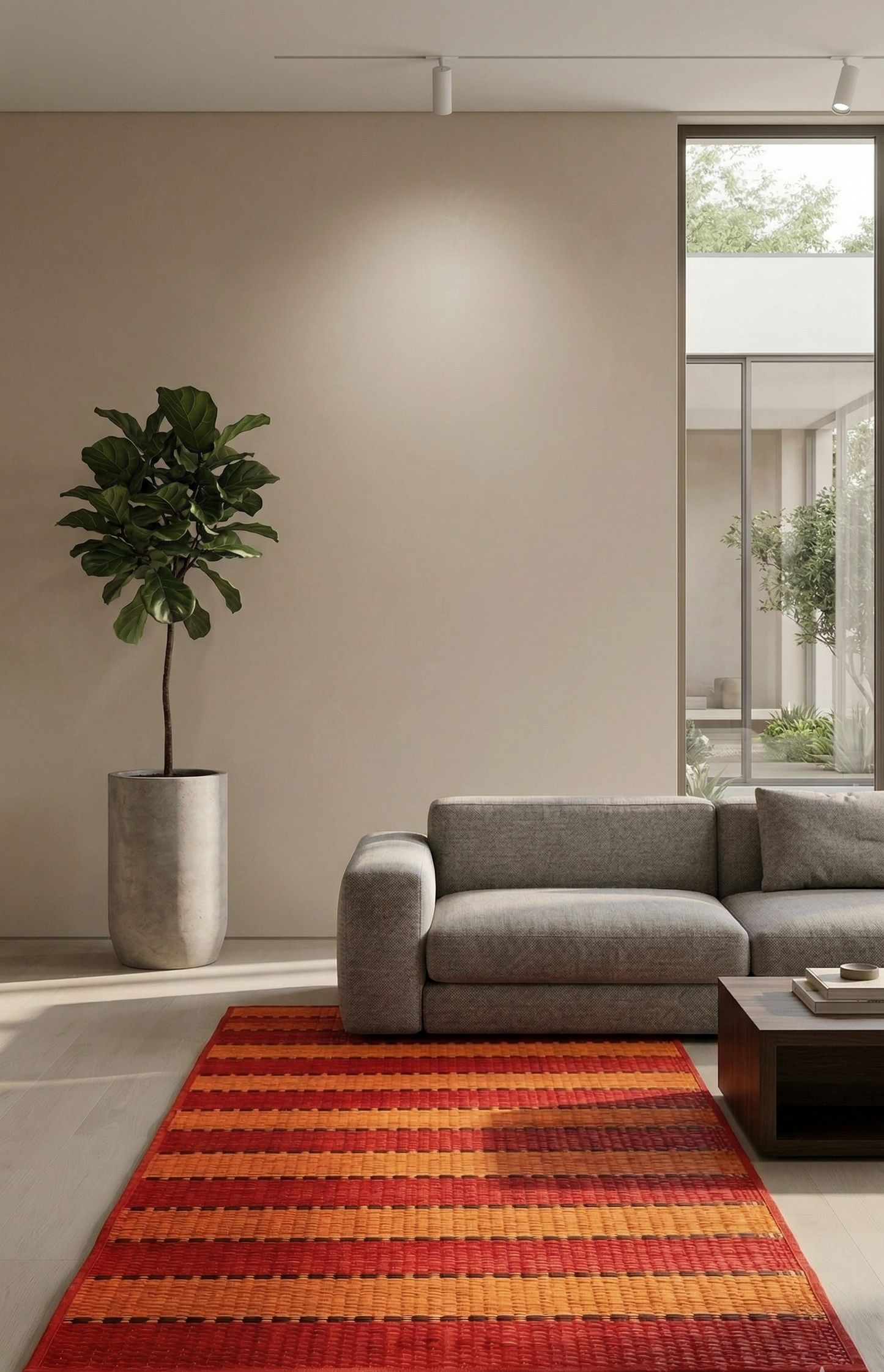 Living room with a gray sofa, red patterned Vidiyal Pattamadai Pai, and a plant.