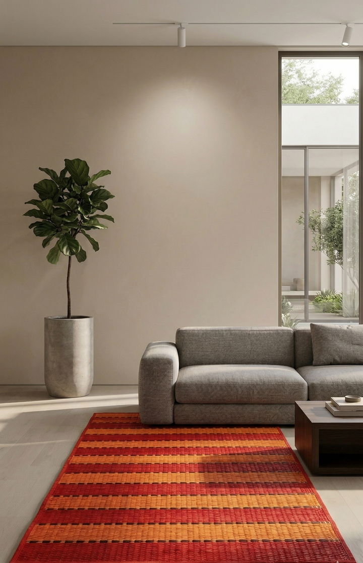 Living room with a gray sofa, red patterned Vidiyal Pattamadai Pai, and a plant.