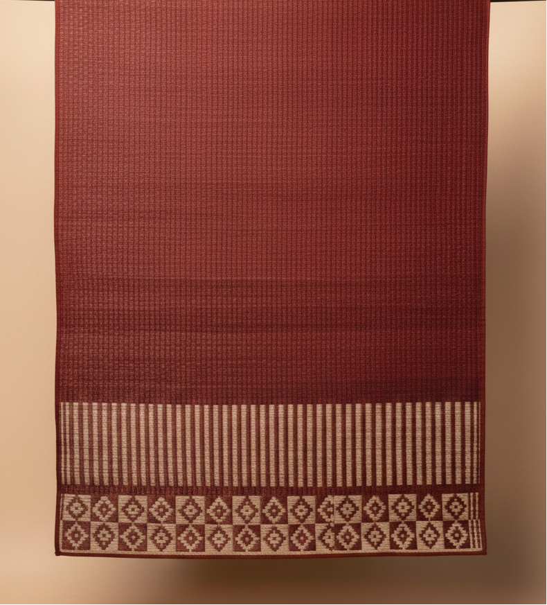 Red woven fabric with a decorative pattern on a beige background