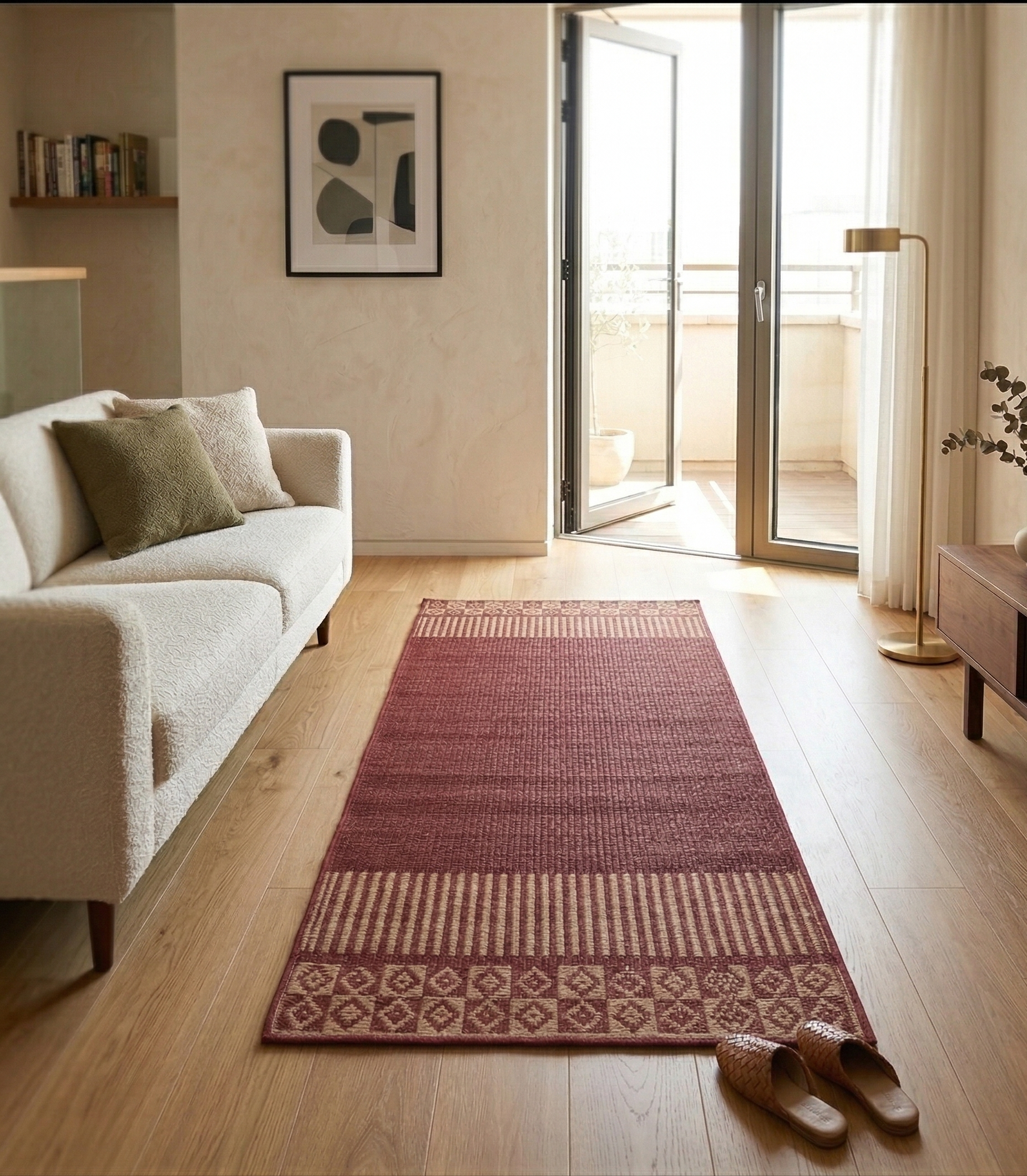 Living room with a patterned Virutcham Pattamadai Pai, white sofa, and open door leading to a balcony.