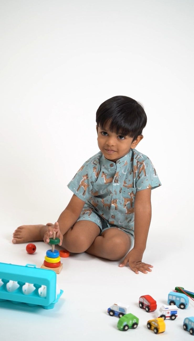 Blue Deer Print Cotton shirt and shorts set