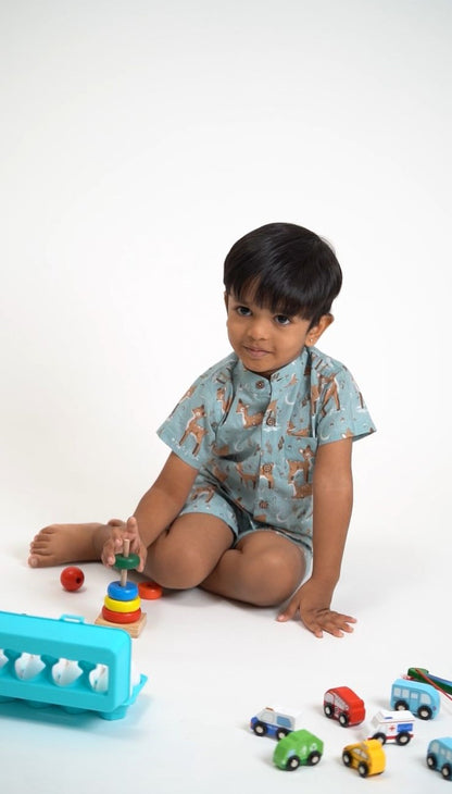 Blue Deer Print Cotton shirt and shorts set