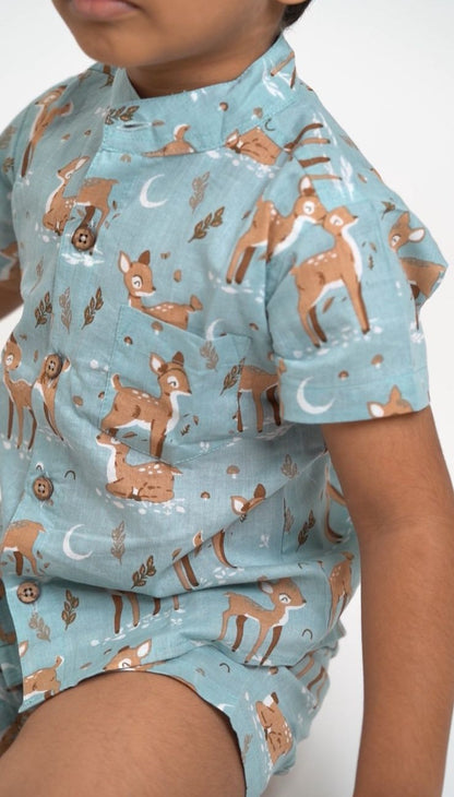 Blue Deer Print Cotton shirt and shorts set