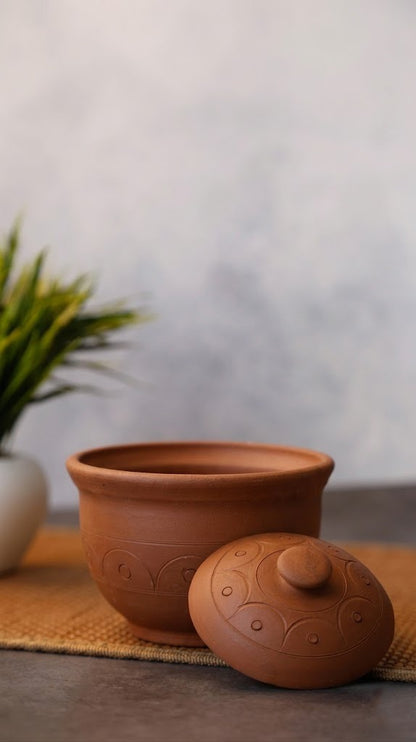 Curd pot with lid on a wooden surface with a blurred plant in the background