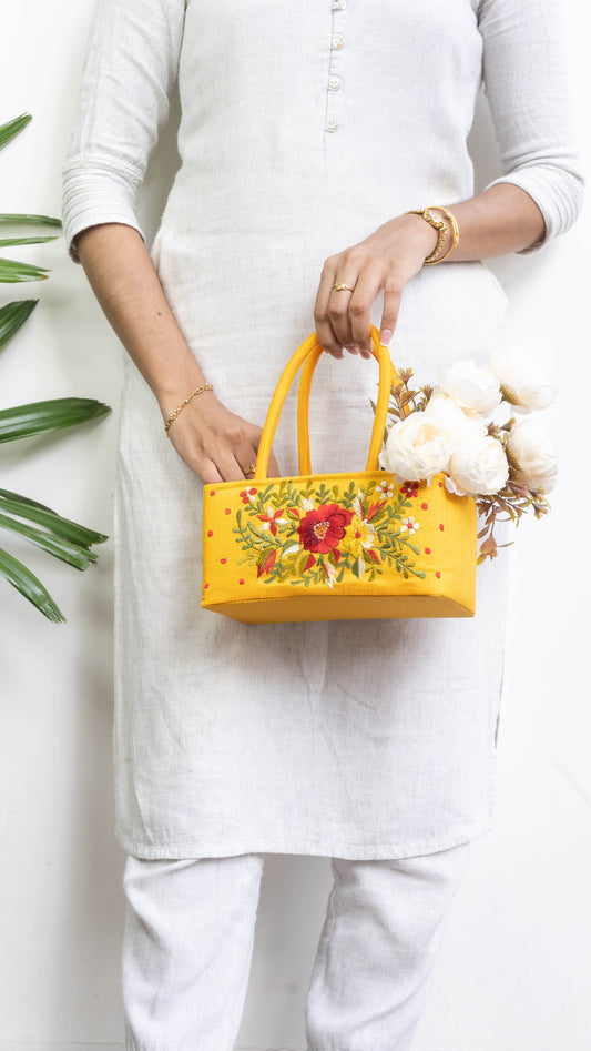 Yellow Hamper Bag With Red Flowers - Extra Small
