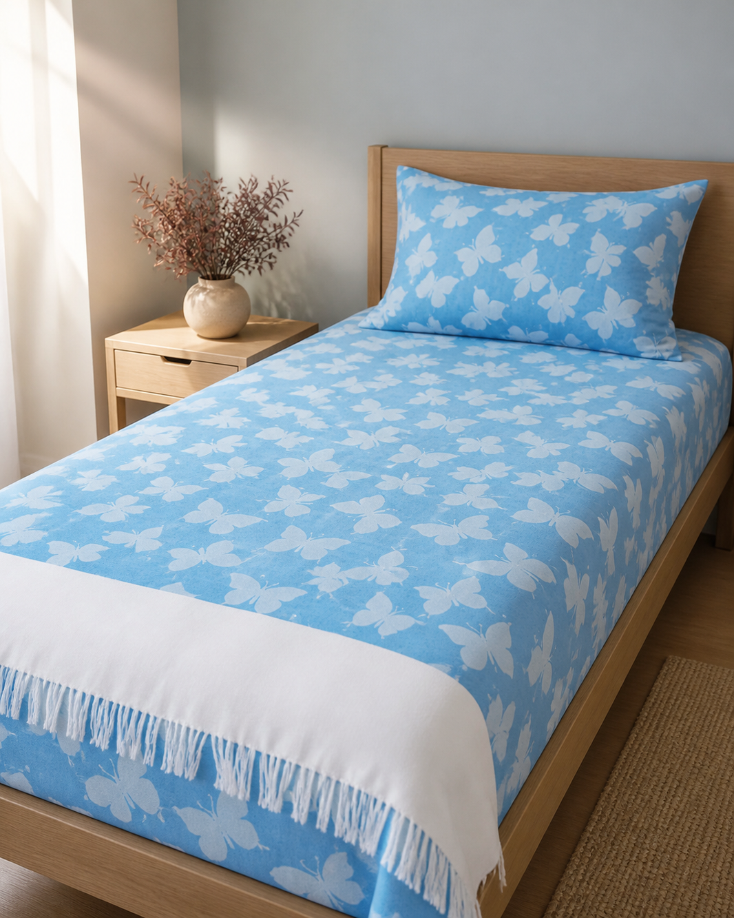 Butterfly Print Lovely Chennimalai Bedsheet - Blue — Warm-room styling view