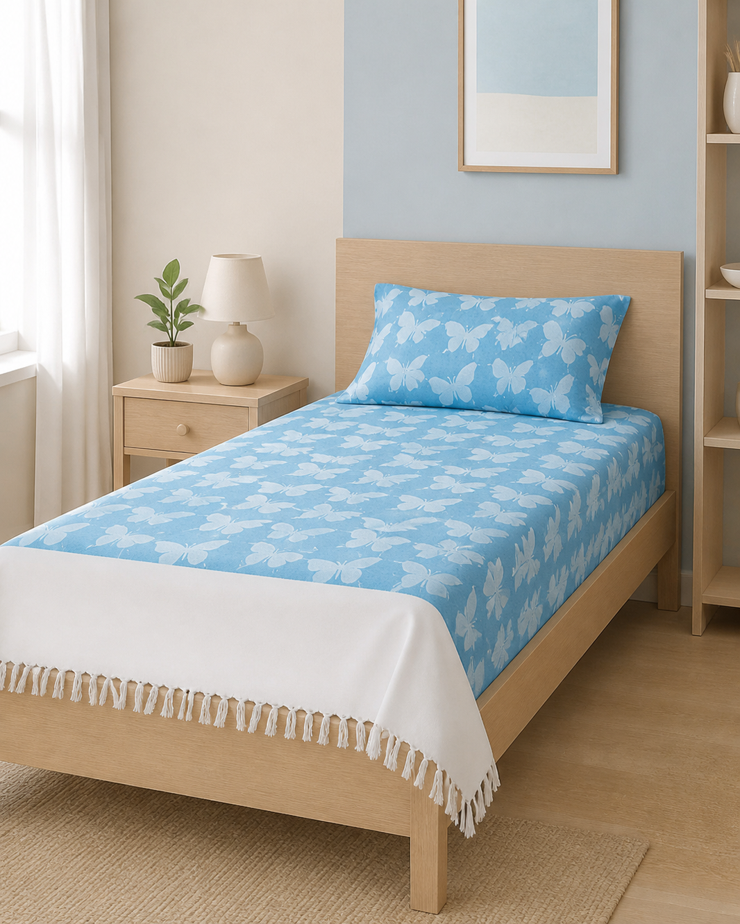 Butterfly Print Lovely Chennimalai Bedsheet - Blue — Bright-room styling view