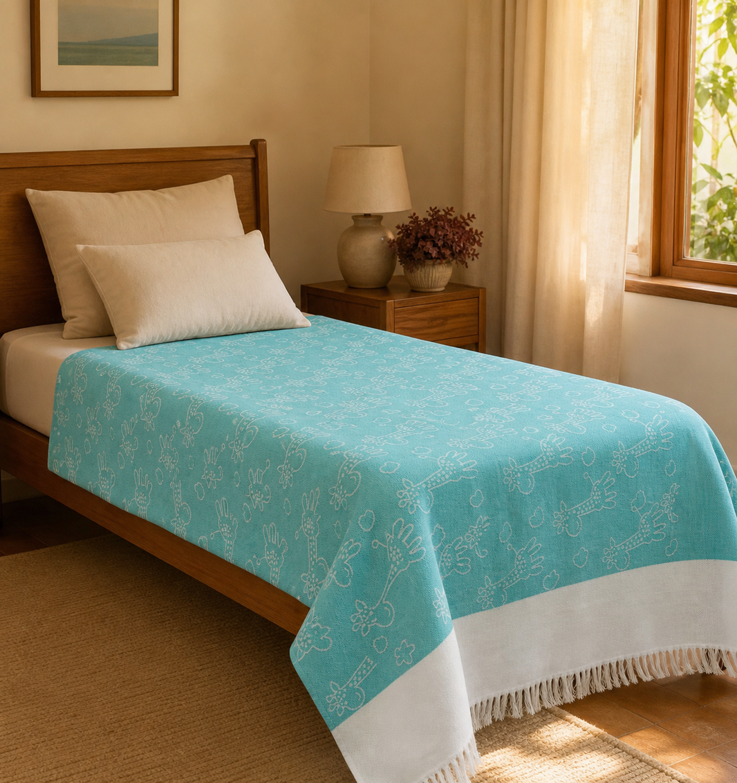 Animal Print Lovely Chennimalai Bedsheet - Light Blue — Warm-room styling view