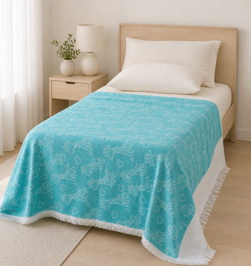 Animal Print Lovely Chennimalai Bedsheet - Light Blue — Bright-room styling view