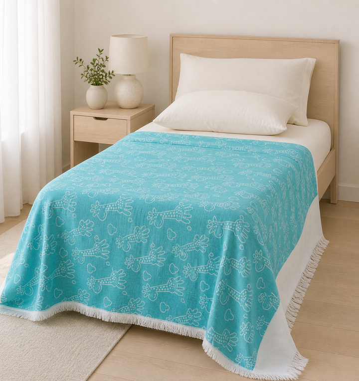 Animal Print Lovely Chennimalai Bedsheet - Light Blue — Bright-room styling view