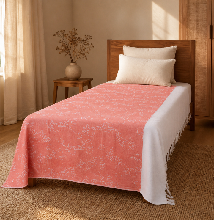 Animal Print Lovely Chennimalai Bedsheet - Peach — Warm-room styling view