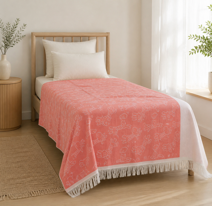 Animal Print Lovely Chennimalai Bedsheet - Peach — Bright-room styling view