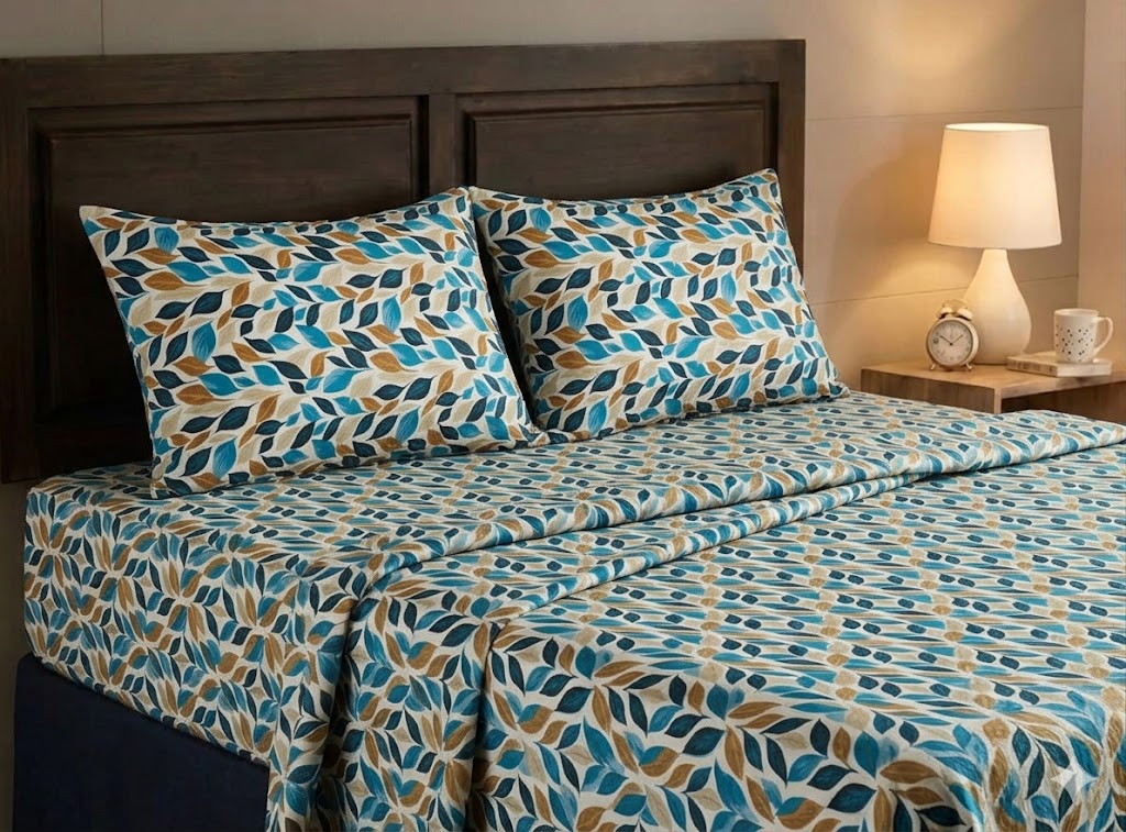 Premium Handloom Chennimalai Double Cot Bedspread Blue Leaf Print