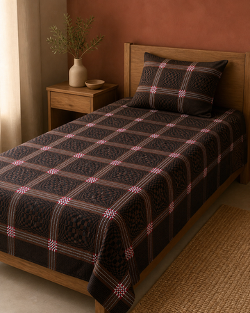 Brown Nadhiya Chennimalai Bedsheet — Warm-room styling view