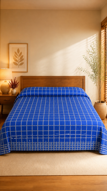 Button Star Chennimalai Bedsheet - Blue — Warm-room styling view