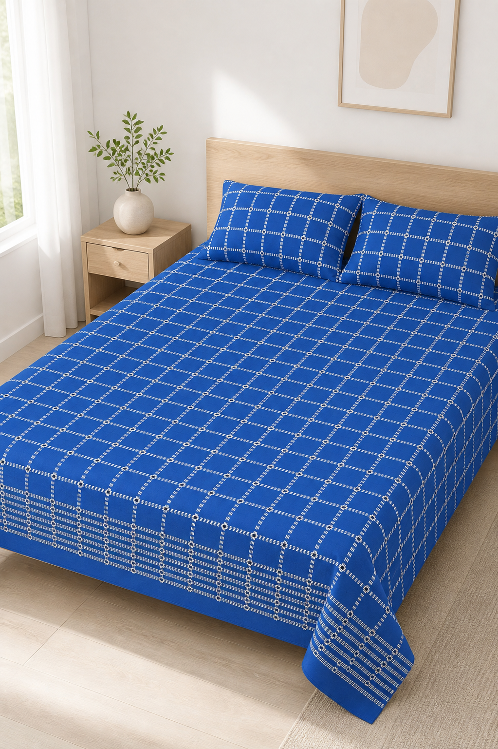 Button Star Chennimalai Bedsheet - Blue — Bright-room styling view