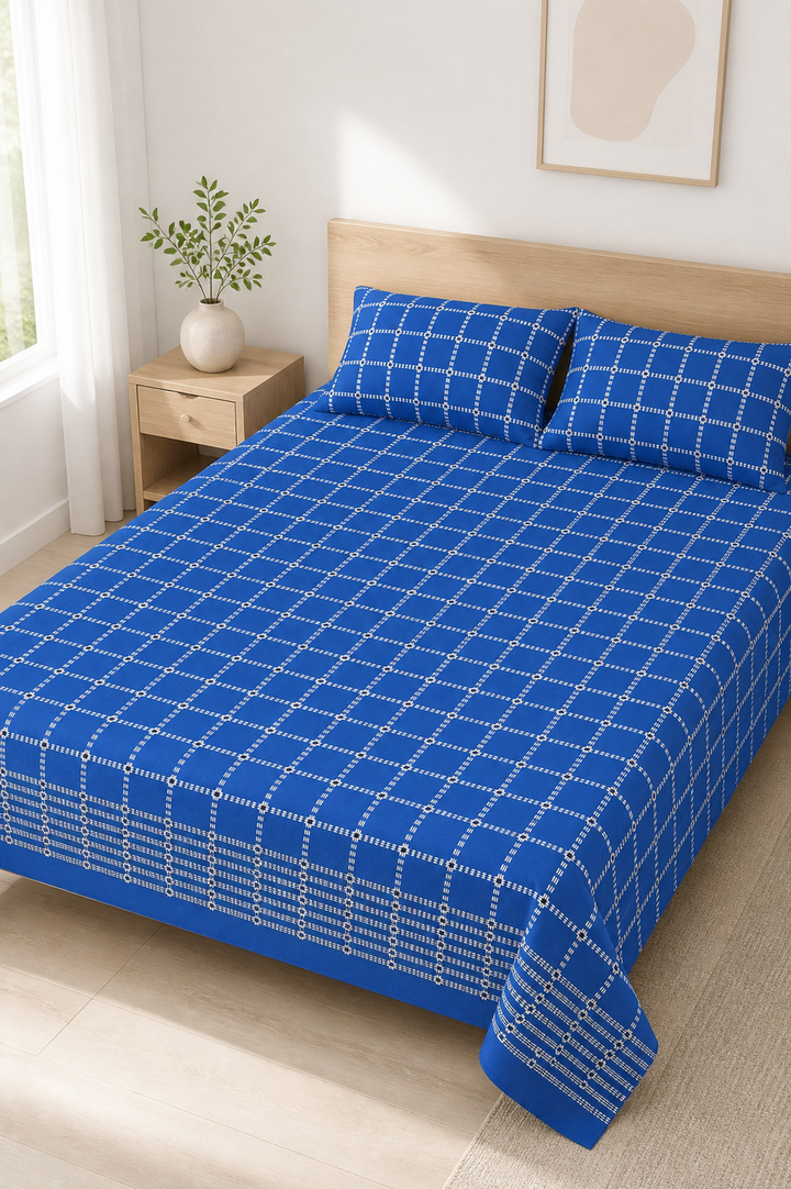 Button Star Chennimalai Bedsheet - Blue — Bright-room styling view